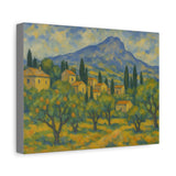 Cézanne Style French Landscape, Provence Homes, Orchards, and Distinctive Mountain Scene