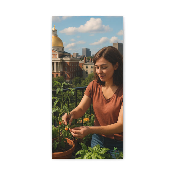 Cultivating Calm, Young Woman Gardening on a Boston Balcony with City Views