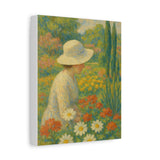 Mary Cassatt Style Impressionist Painting, Woman in White Hat in Flower Garden Wall Art