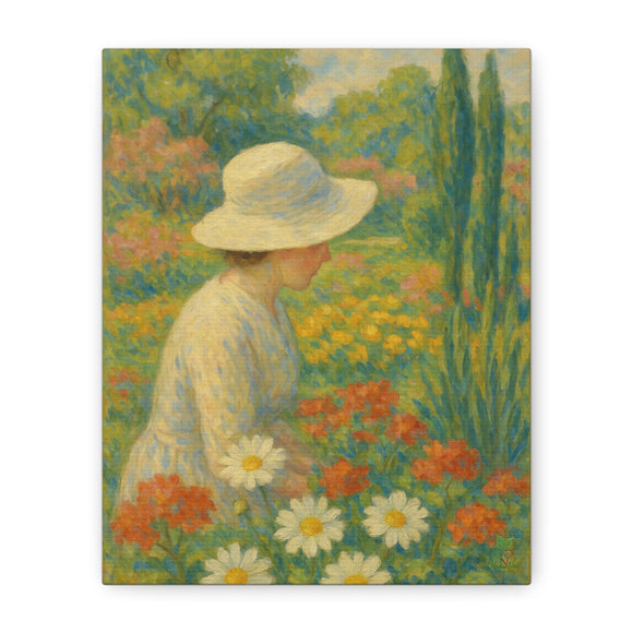 Mary Cassatt Style Impressionist Painting, Woman in White Hat in Flower Garden Wall Art