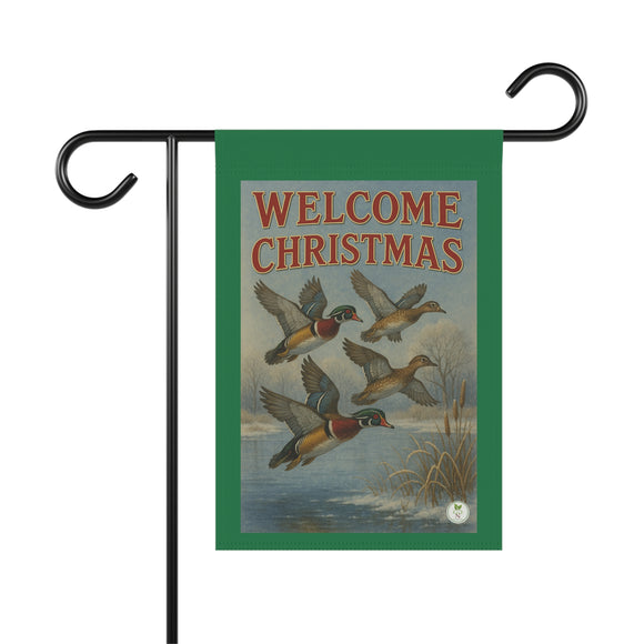 Welcome Christmas Wood Duck Garden Banner, Outdoor Flag, Holiday Yard Art, Duck Theme Garden Sign