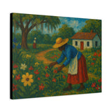 Gullah Geechee Garden Scene Folk Art, African American Woman Tending Flowers