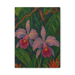 Gauguin Inspired Tropical Still Life with Cattleya Orchids and Bromeliads