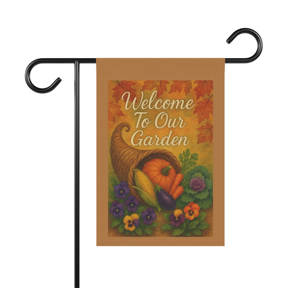 Garden flag with cornucopia, pumpkins, and flowers on a brown background with 'Welcome To Our Garden' text.