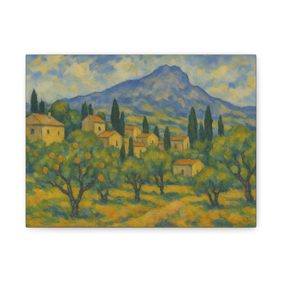 Cézanne Style French Landscape, Provence Homes, Orchards, and Distinctive Mountain Scene