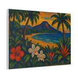 Gauguin Inspired Tropical Beach with Volcano and Exotic Flowers