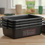 Stack of Worm Bin Bus Tubs (Set of 5) with 'Meme's Worms' logo on a wooden surface.