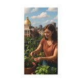 Cultivating Calm, Young Woman Gardening on a Boston Balcony with City Views