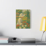 Mary Cassatt Style Impressionist Painting, Woman in White Hat in Flower Garden Wall Art