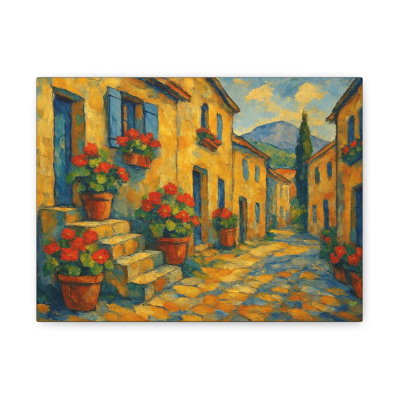 Cézanne Style French Village Street Art, Potted Geraniums and Window Boxes