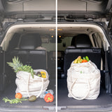 Comparison of a white reusable grocery bag filled with groceries in a car's open trunk.