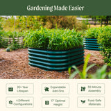 Green raised garden bed with plants in a garden setting, featuring text 'Gardening Made Easier' and product features.