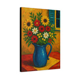 Gullah Geechee Folk Art Bouquet, Flowers in Blue Enamel Pitcher on Kitchen Table