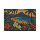 Gauguin Inspired Tropical Beach with Volcano and Exotic Flowers