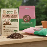 Meme's Worms Vermifusion packaging on a wooden surface with soil.