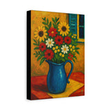 Gullah Geechee Folk Art Bouquet, Flowers in Blue Enamel Pitcher on Kitchen Table