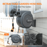 Retractable garden hose reel with a comparison of tidy vs messy setup on a house exterior.