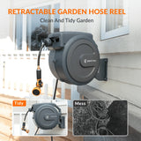 Retractable garden hose reel with a comparison of tidy vs messy setup on a house exterior.