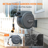 Retractable garden hose reel with a comparison of tidy vs messy setup on a house exterior.