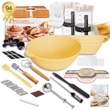 A 94-piece bread proofing and baking tool kit arranged on a white background, including a large yellow collapsible proofing basket, two smaller matching baskets, digital scale, digital thermometer, wooden spatula, pastry brush, dough scraper, metal blade sets, proofing weights, and other baking accessories. A gold '94 Pieces' badge appears in the top-left corner.