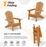 Wooden folding chairs with text indicating one-step folding and versatility for various outdoor settings.