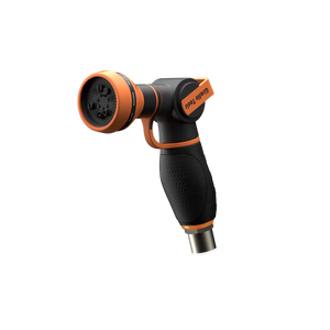 Black and orange garden hose nozzle on a white background