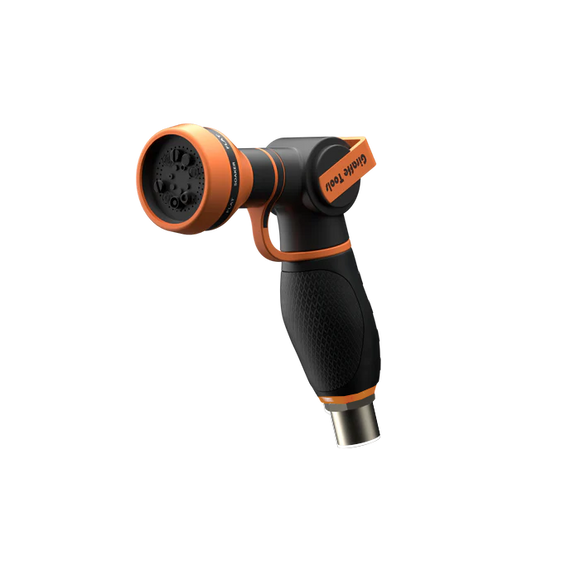 Black and orange garden hose nozzle on a white background