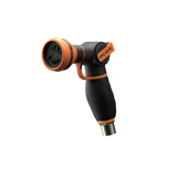 Black and orange garden hose nozzle on a white background