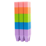 Stack of colorful plastic trays in pink, orange, green, blue, and purple on a white background.