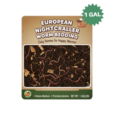 Packaging of European Nightcrawler Worm Bedding with worms visible on a white background