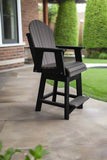 Black Adirondack chair on a patio with a garden view 2' Swivel Adirondack Chair - In Dining, Counter & Bar Heights