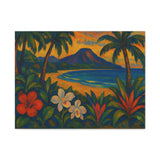 Gauguin Inspired Tropical Beach with Volcano and Exotic Flowers