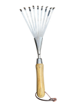 Metal garden rake with wooden handle on a white background