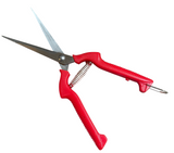 Red-handled pruning shears on a white background
