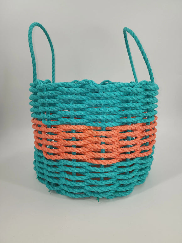 Authentic Maine Lobster Rope Storage Basket. Teal and Coral Orange - FREE SHIPPING