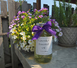 Bottle of lavender essential oil with a purple ribbon in front of potted plants.
