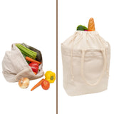 Two reusable grocery bags with vegetables on a white background showing the advantages of the drawstring top