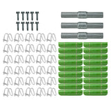 Assorted hardware components including screws, clips, and green connectors on a white background