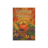 Decorative sign with 'Welcome Autumn' text, pumpkins, corn, and flowers on a white background.