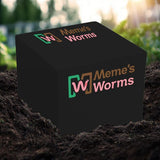 Black box with 'Meme's Worms' branding on a soil background