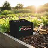 Meme's Worms product in a garden setting with gloves and trowel.