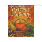 Decorative flag with 'Welcome Autumn' text, pumpkins, corn, and leaves on a white background.