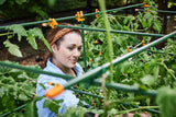 Woman tending to tomato plants in a garden