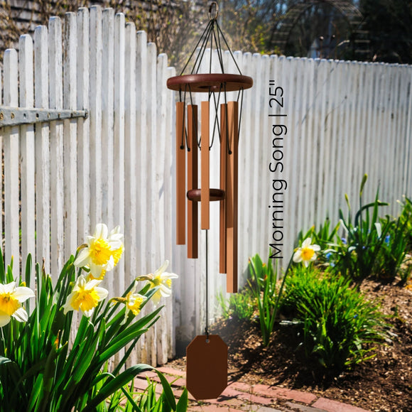 Garden Gate Chorus Series Wind Chime with 'Morning Song' text in a garden setting