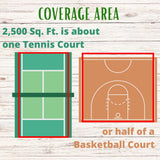 Comparison of tennis court and basketball court coverage area on a wooden background