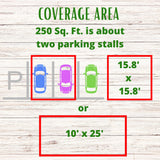 Diagram showing coverage area for two parking stalls with dimensions on a wooden background.