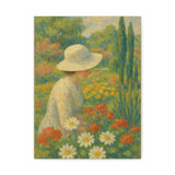 Mary Cassatt Style Impressionist Painting, Woman in White Hat in Flower Garden Wall Art
