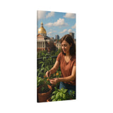 Cultivating Calm, Young Woman Gardening on a Boston Balcony with City Views