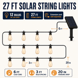 27F Solar Powered String Lights Waterproof LED Hanging Edison Bulb Lights with 12 Bulbs