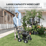 Man pushing a large capacity hose cart in a garden setting with text indicating hose capacity.